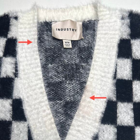 Industry | Women | Black White Checkered Fluffy Knit Button Up Cardigan | Medium - Picture 9 of 12